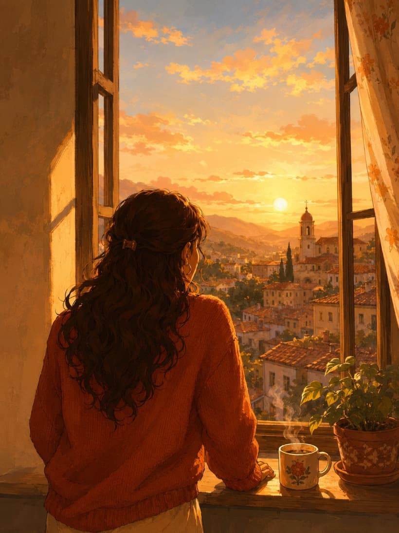Una mujer de espaldas, recargada en la ventana, contempla el atardecer sobre un pueblo mediterráneo con un café humeante en el alféizar